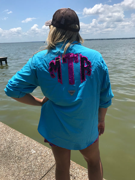 Limited Edition Blue Columbia Mermaid Sequin Monogrammed fishing shirt