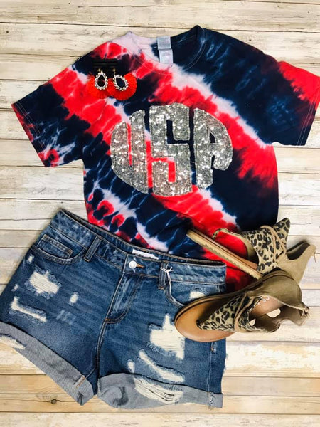 Red, White and Blue Tie Dye USA Monogram Shirt - Main Image
