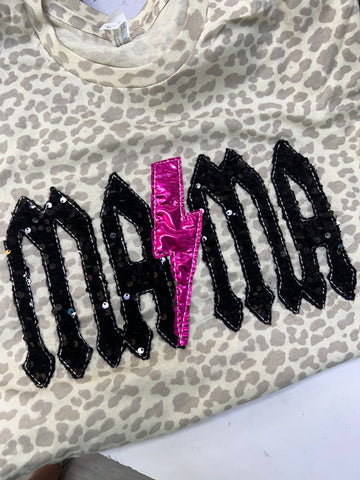 MAMA Lightning Bolt Tee - Pink Shiny / Black Sequins