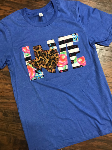 Royal Blue LOVE Shirt with Striped Letters and Leopard State
