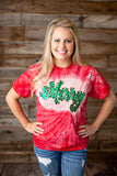 Double Stacked Tie Dye MERRY Shirt - Red with Leopard and Green