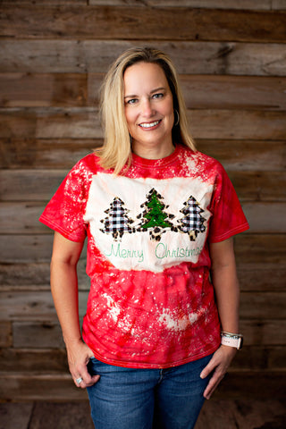 Double Stacked Tie Dye 3 Trees Merry Christmas Shirt - Black and white plaid with green sequins