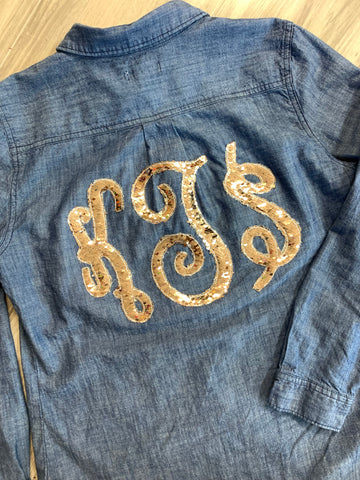 Mermaid Sequin Monogrammed Chambray Button Up Shirt
