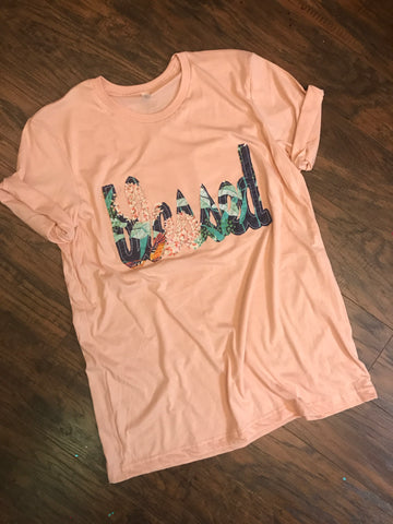 Blessed Shirt - Peachy Pink with Navy Floral Fabric