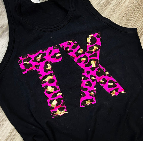 State abbreviation Tank - Pink/Black/Gold leopard fabric