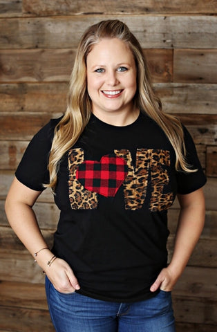 LOVE Shirt with Leopard Letters and Buffalo Plaid Heart