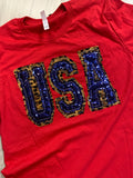 Double Stacked USA Shirt - Red with Leopard and Blue Sequins