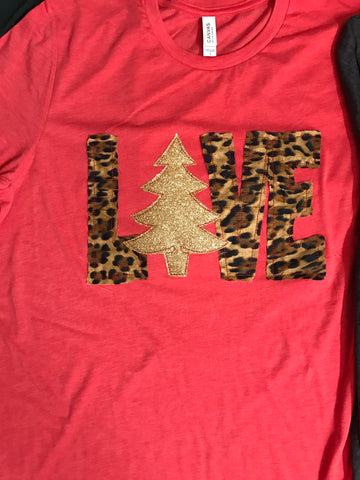 Red with Leopard LOVE Christmas Shirt