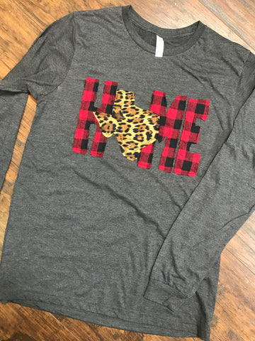 HOME shirt with Buffalo Plaid and Leopard State, Charcoal Gray