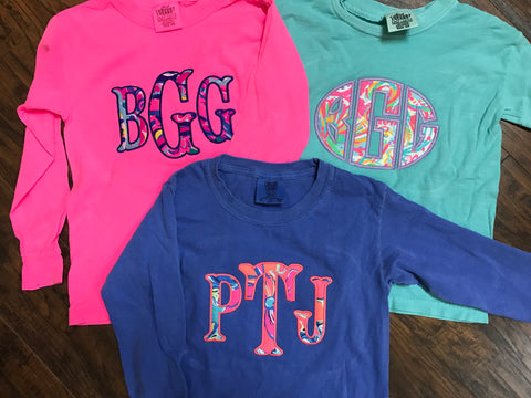 Lilly Pultizer Monogrammed Long Sleeve Comfort Colors T Shirt