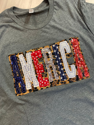 AMERICA Shirt - Double Stacked with Leopard and Red, White and Blue Fabrics - Gray