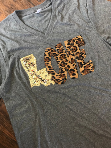 Mermaid Sequin LOVE Shirt with Leopard Letters/Mermaid Sequin state - Louisiana