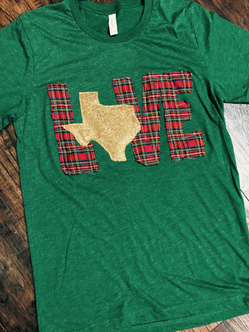 Love Texas Christmas Green with Plaid and Gold Texas