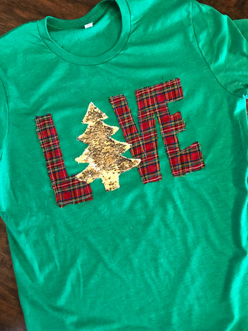 Christmas Love tee, Green with Plaid and Gold tree