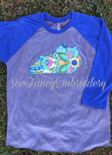 State Shirt on Gray/Blue Raglan – Sew Fancy Designs