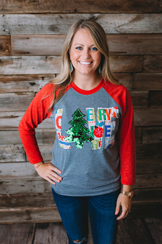 Christmas LOVE Shirt - Gray/Red Raglan with Cactus Christmas fabric and Green Sequin Tree