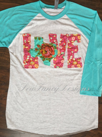 Love Texas Baseball Tee, Aqua and Pink fabrics