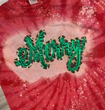 Double Stacked Tie Dye MERRY Shirt - Red with Leopard and Green