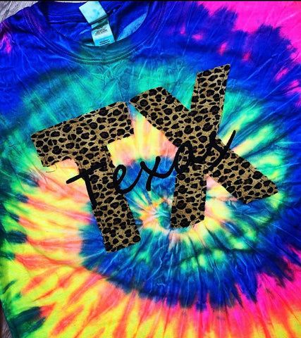 Tie Dye State and Leopard Fabric Abbreviation Shirts/Tanks