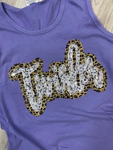 Double Stacked Cursive Twirler Shirt - Leopard and Sequins