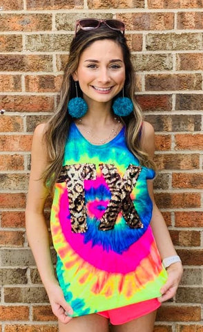 Tie Dye Tank Top with Leopard Sequin State Abbreviation