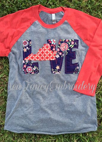 LOVE State shirt - Gray Red Raglan with Navy Floral Fabric